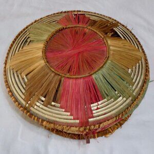 VINTAGE STRAW SEWING OR OTHER BASKET - MADE IN POLAND - COLORFUL